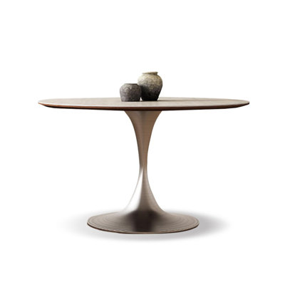 Beige + Silver Round Sintered Stone + Stainless Steel Dining Table
