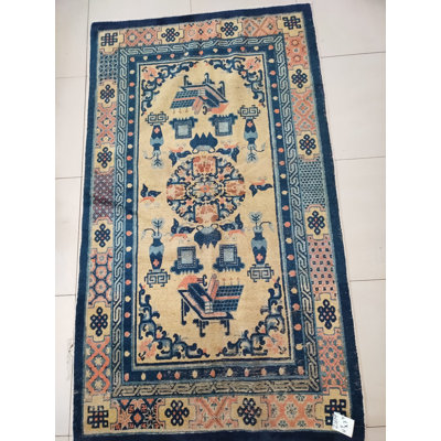 Antique Ningxia Chinese Geometric Medallion Hand Knotted Pile Rug