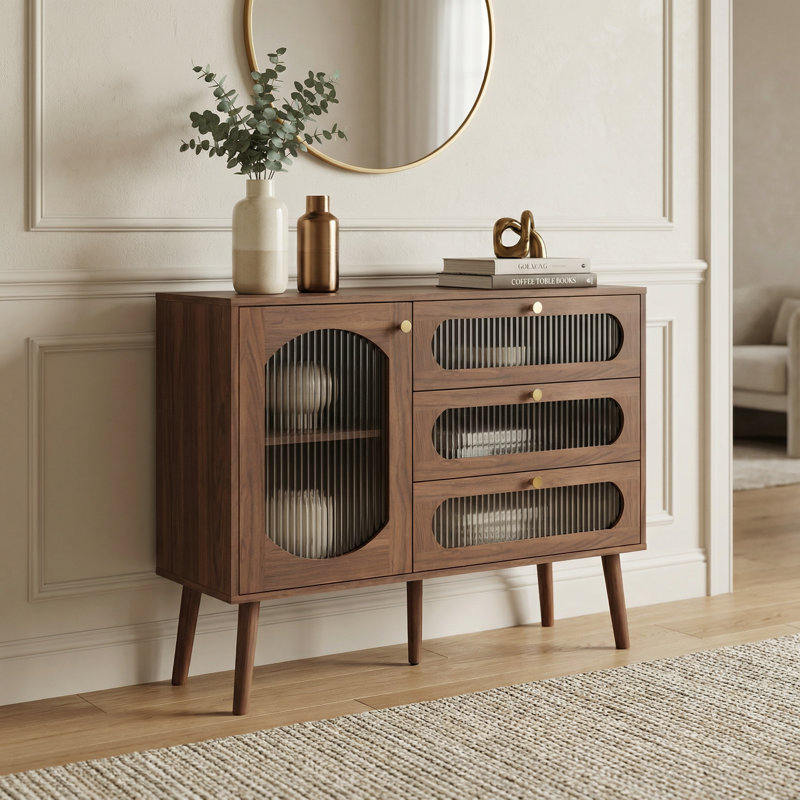 Natural Wood Accent Cabinet with 3 Drawers and Door, Storage Sideboard with Adjustable Shelves for Living Room Entryway Hallway