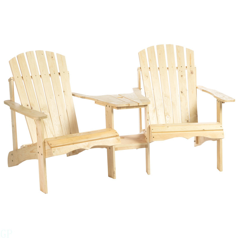 Outsunny Wooden Adirondack Chair For Two, Outdoor Fire Pit Chair Set With Table & Umbrella Hole, Patio Chairs For Deck Lawn Pool Backyard, Natural