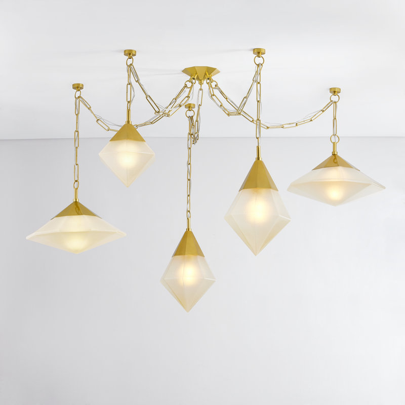 Vintage Polished Brass 5-Light Chandelier with Clear Glass Shades