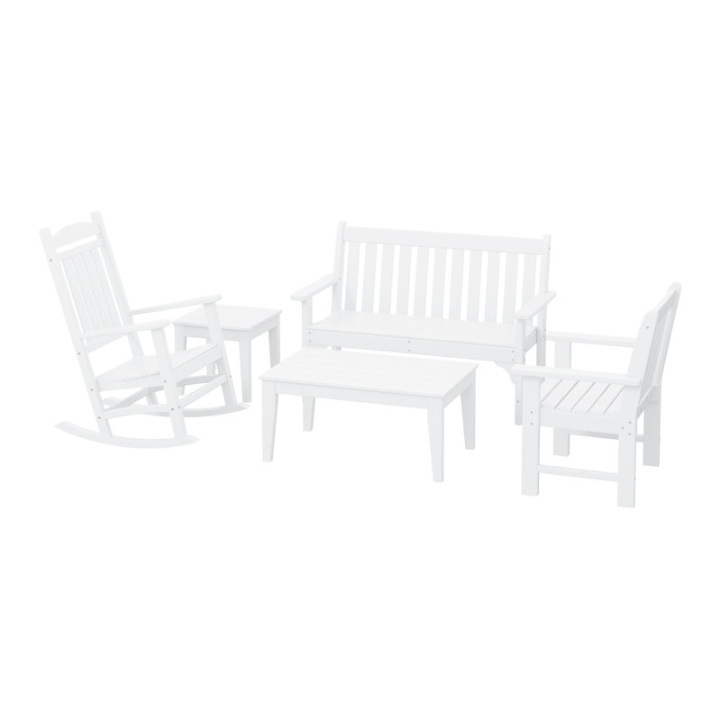 Ensemble 5 pièces de banc et chaise berçante en poly Ayling, Blanc