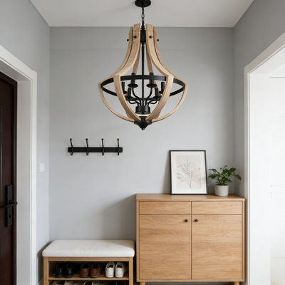 Large 6-Light Farmhouse Chandelier With Adjustable Height, Rustic Wood Dining Room Light Fixture For Kitchen Island, Entryway, Foyer And Stairwell