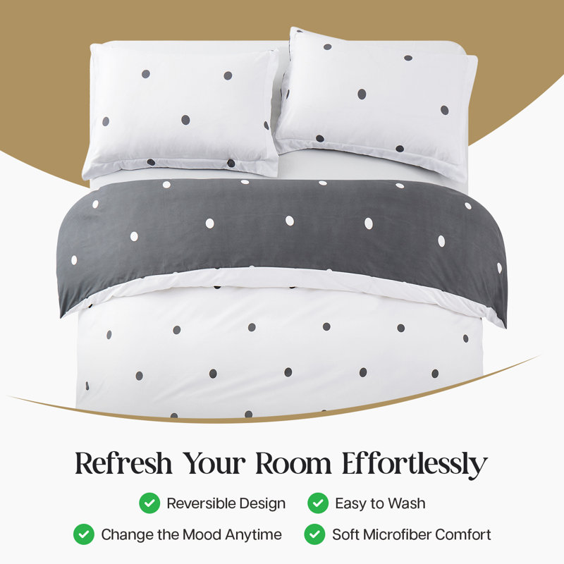 Dual Pattern Reversible Brushed Microfiber Printed Duvet Cover Set With Matching Pillow Covers, White/Black Polka Dots