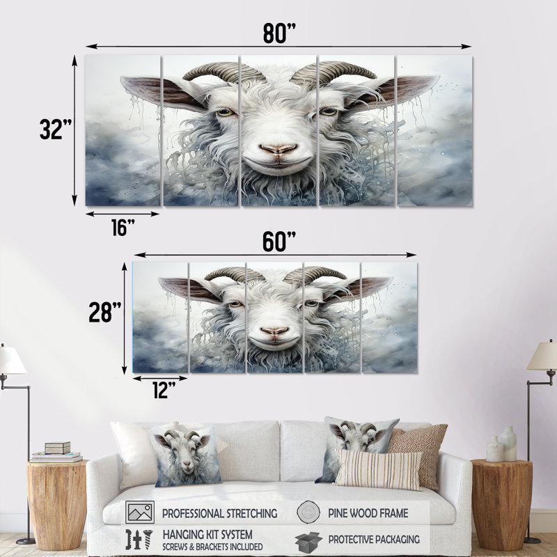 Portrait de chèvre pâturée blanche - Chèvre, art mural 5 pièces pour le salon, H 28 po x l 60 po