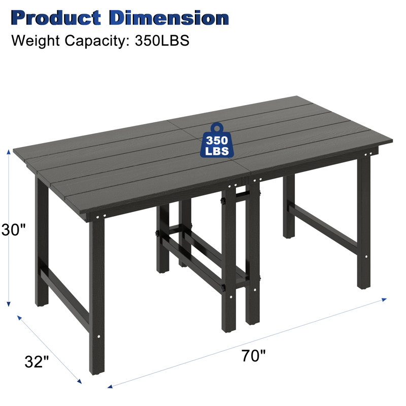 Bensley 70''L x 32''W Separable Patio Dining Table HDPE, Black