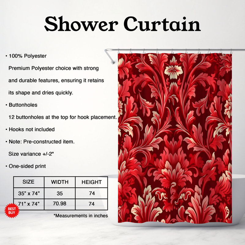 Rideau de douche rouge Premium Damask, H 74 po x l 71 po