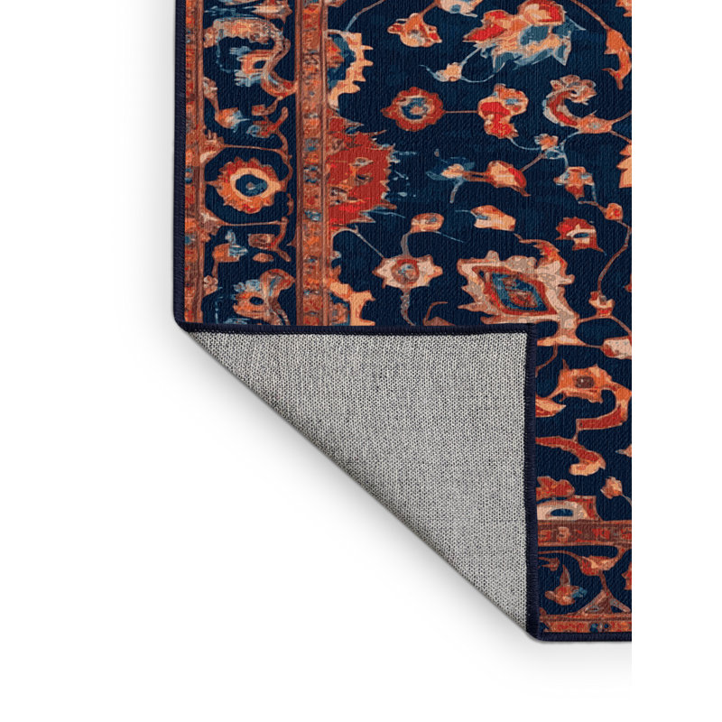 Tapis bleu Tabriz lavable à la machine, Carré 4 pi