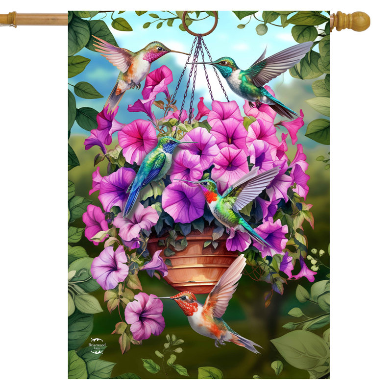 Drapeau des colibris et des pétunias, Oiseaux violets/turquoises/bruns