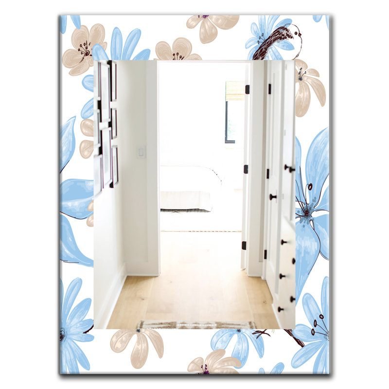 Dessin de fleurs avec un miroir mural traditionnel très oiseau, H 39,4 po x l 29,5 po