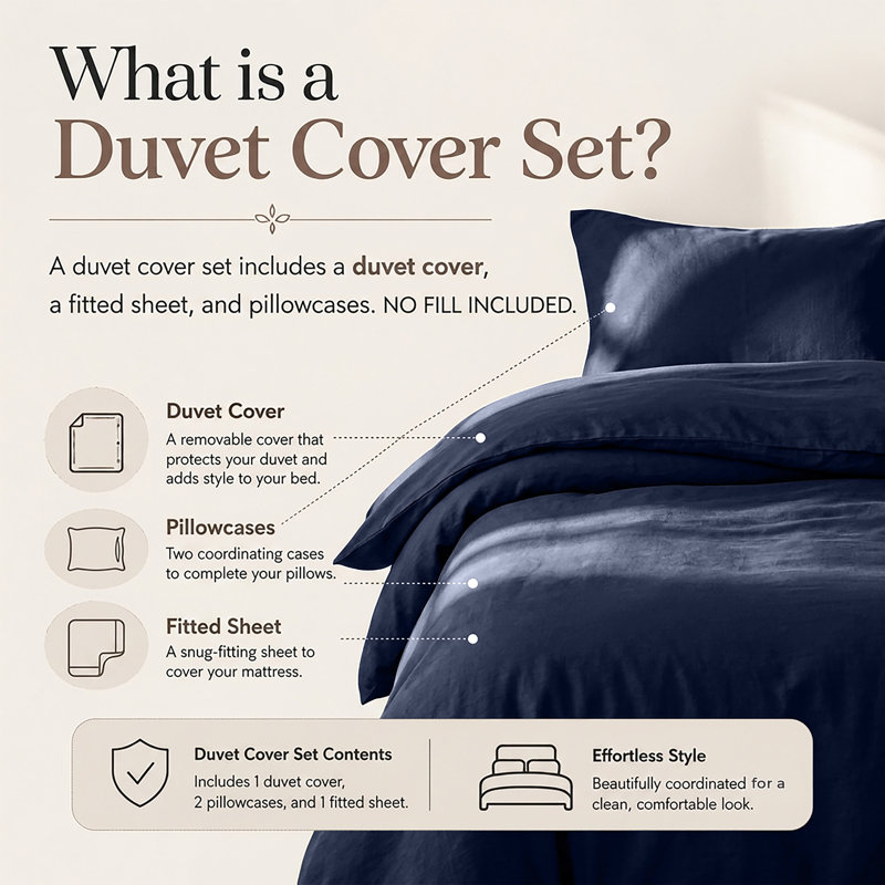 4-Piece Microfiber Duvet Cover Set – Pillowcases & Fitted Sheet, Navy, Single Duvet Cover  + 3 Additional Pieces