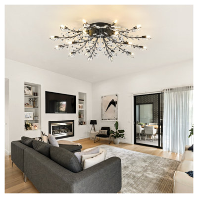 Lustre en cristal 18 lumières moderne avec cadre noir mat, plafonnier de ferme pour salle à manger ou entrée
