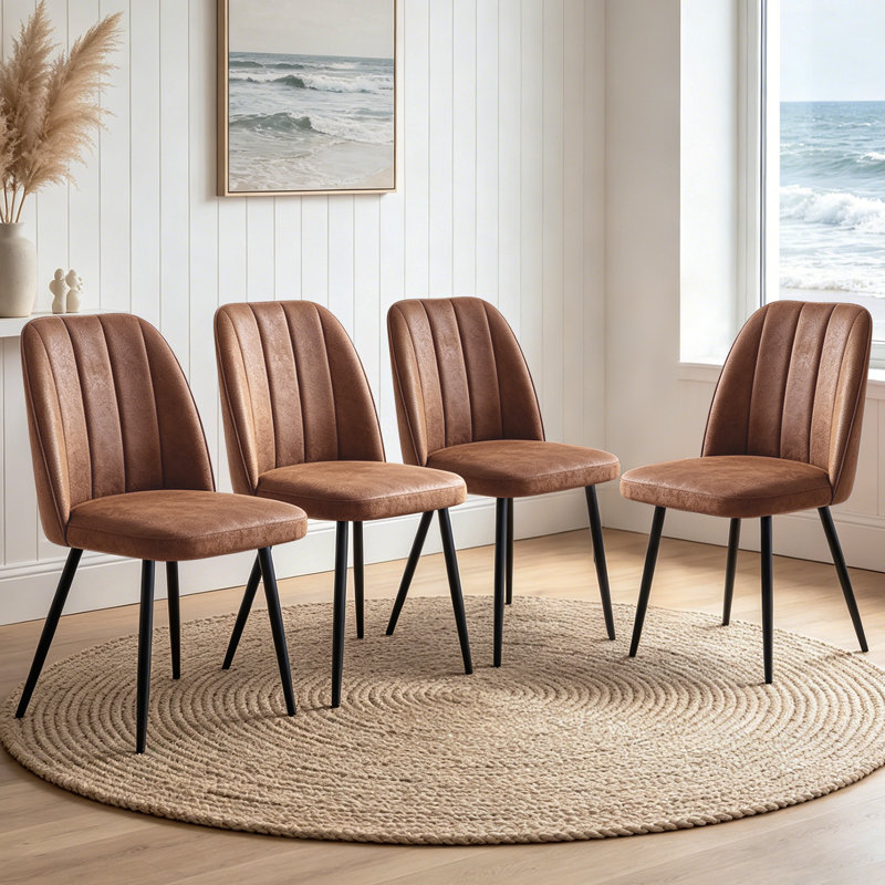 Velvet/Suede Upholstered Dining Chairs with Channel-Tufted Backrest and Metal Legs, Suede Brown, 4