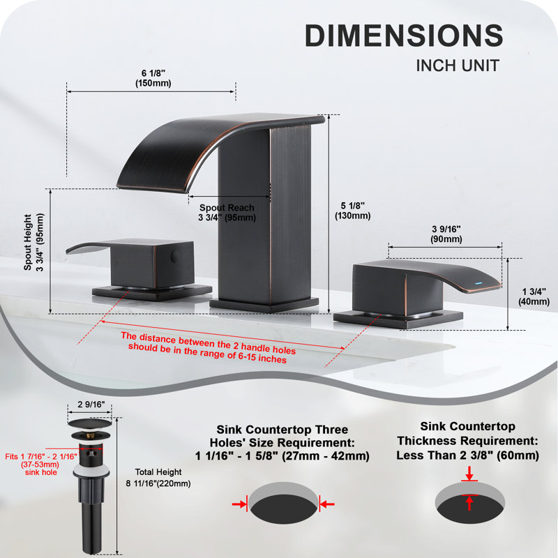 8 inch Widespread Double Handle Waterfall Bathroom Sink Faucet with Pop Up Drain, Oil Rubbed Bronze