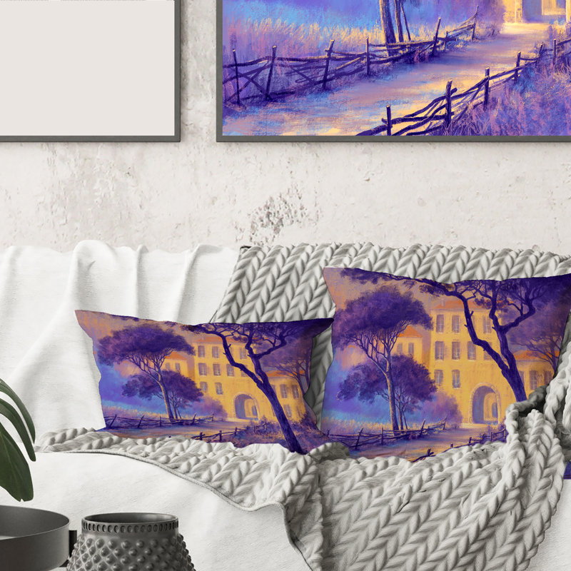 Carré, paysage de rue sur un sentier et des arbres dans une ville - coussin décoratif traditionnel, 18" x 18"