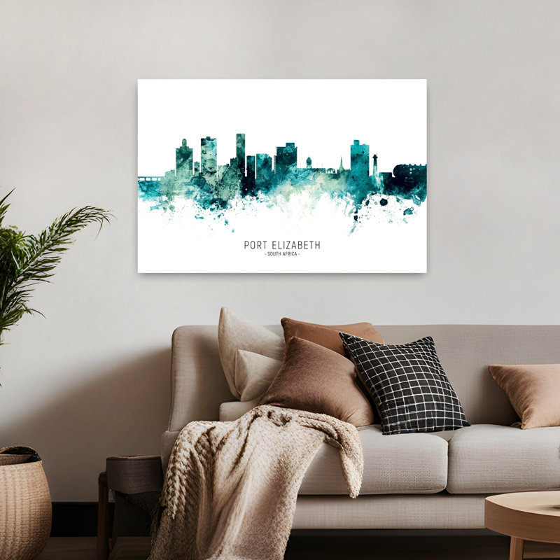 Aquarelle, Port Elizabeth, paysage urbain abstrait, architecture moderne et vibrante, art mural, H 32 po x l 48 po