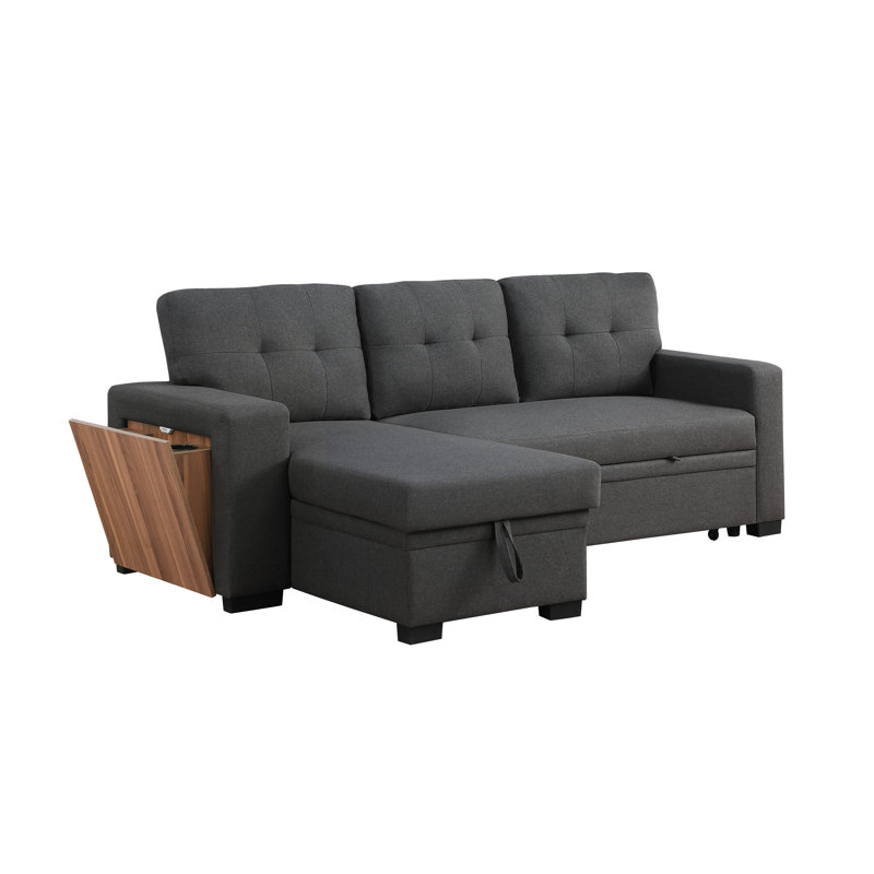 Dark Gray Tufted Fabric Reversible Sectional Sofa with Storage and Cup Holder