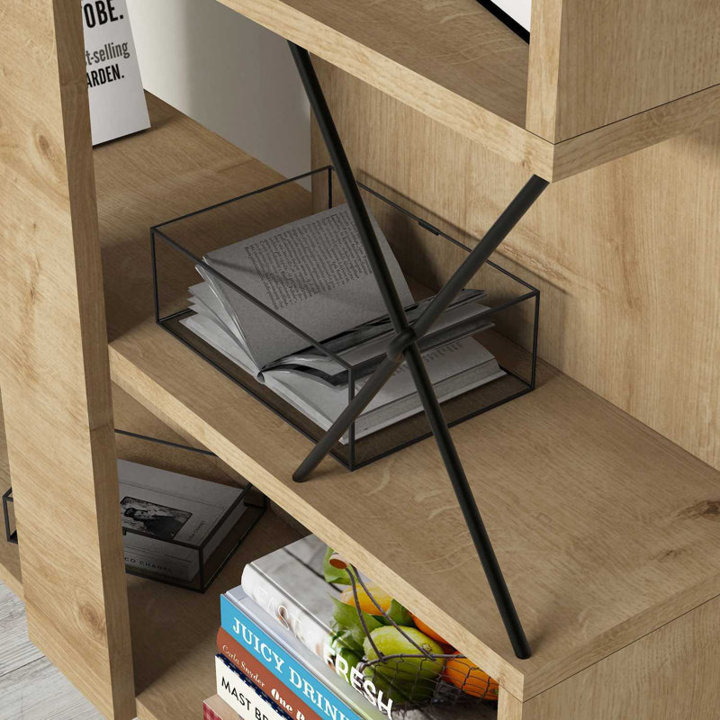 Industrial-Style Bookshelf, Oak Color, 35.4 x 65.9 x 8.7 inches | 100% Melamine Coated Particle Board, Thickness: 0.7 inches | Numerous Shelves, Wall-Mountable Design | Perfect for Modern Home or Office Storage
