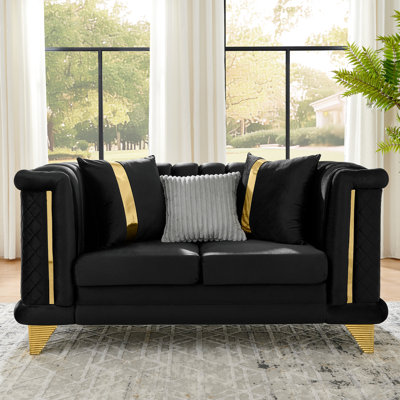 Canapé en velours victorien luxueux de 69 pouces de style Mid-Century avec bordure dorée, texture brodée et 3 coussins pour le salon en acier inoxydable exquis