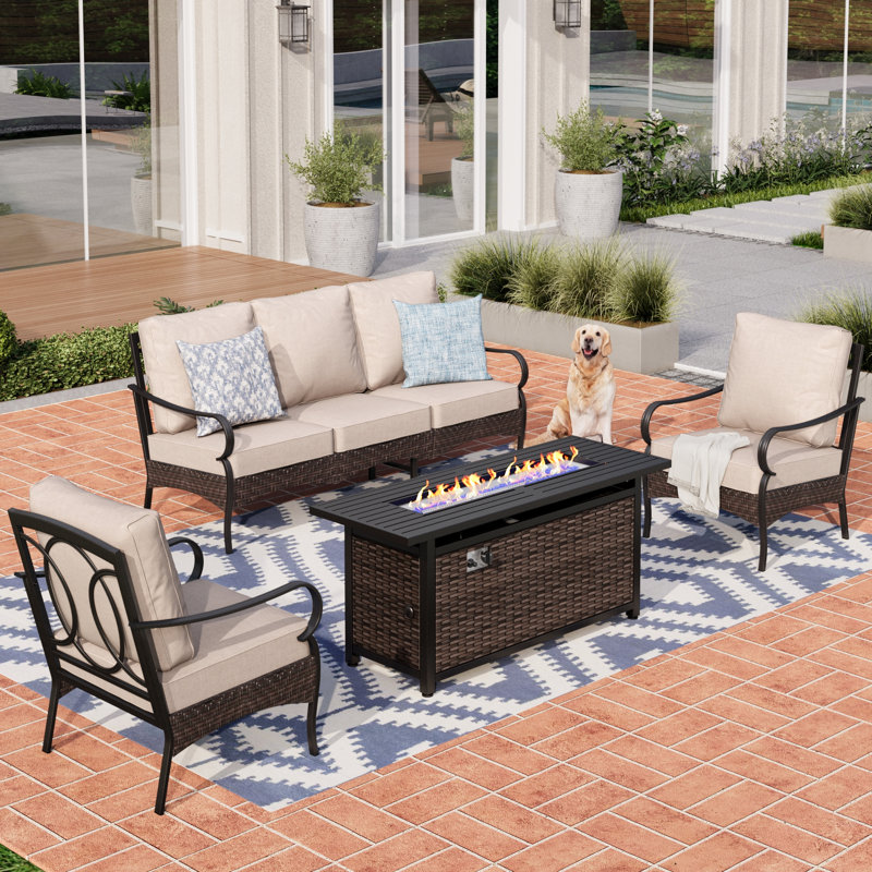 5-Person Outdoor Patio Conversation Set With Fire Pit Table , Beige