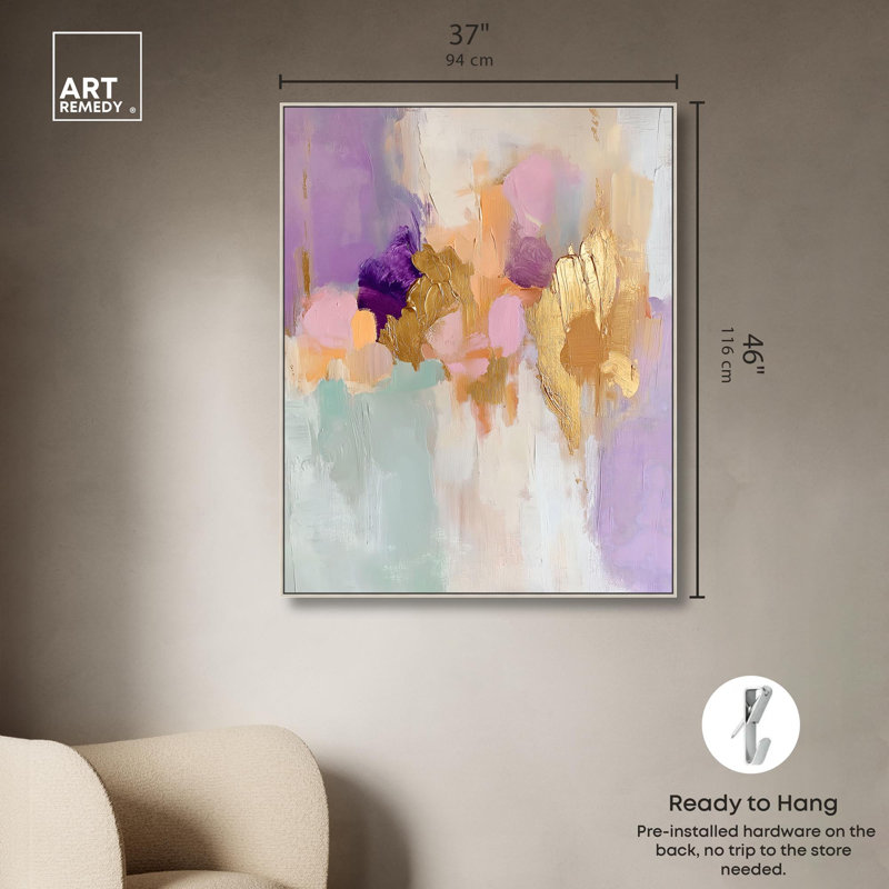 Toile dorée et mauve II, reproductions pastel sur toile par Art Remedy, H 46 po x l 37 po, Encadrement argenté