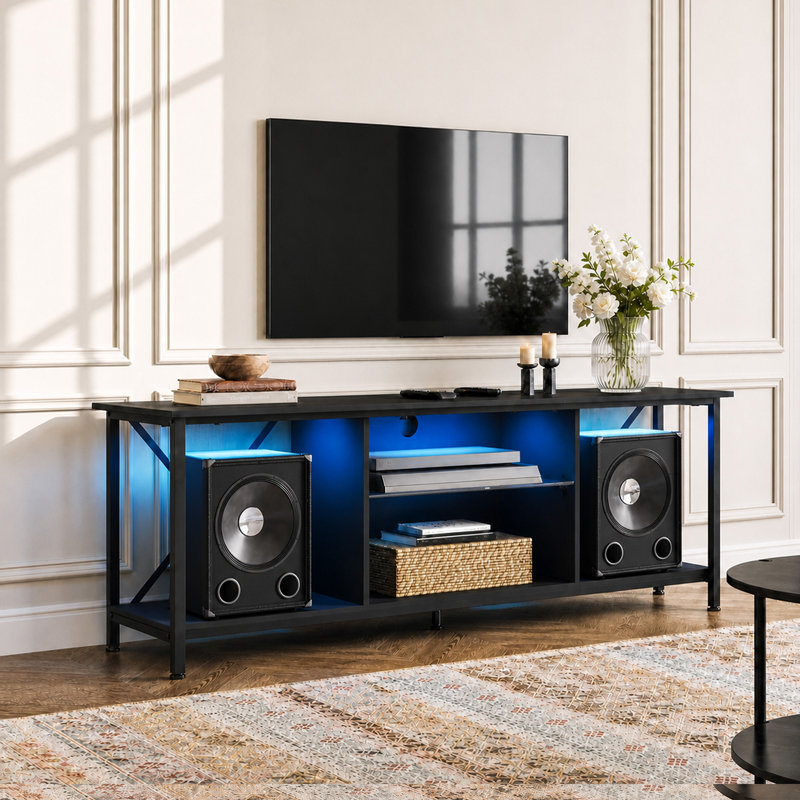 55" TV Stand for 65 Inch TV with LED, Industrial TV Console with Open Storage Shelf, Entertainment Center with Sturdy Metal Frame