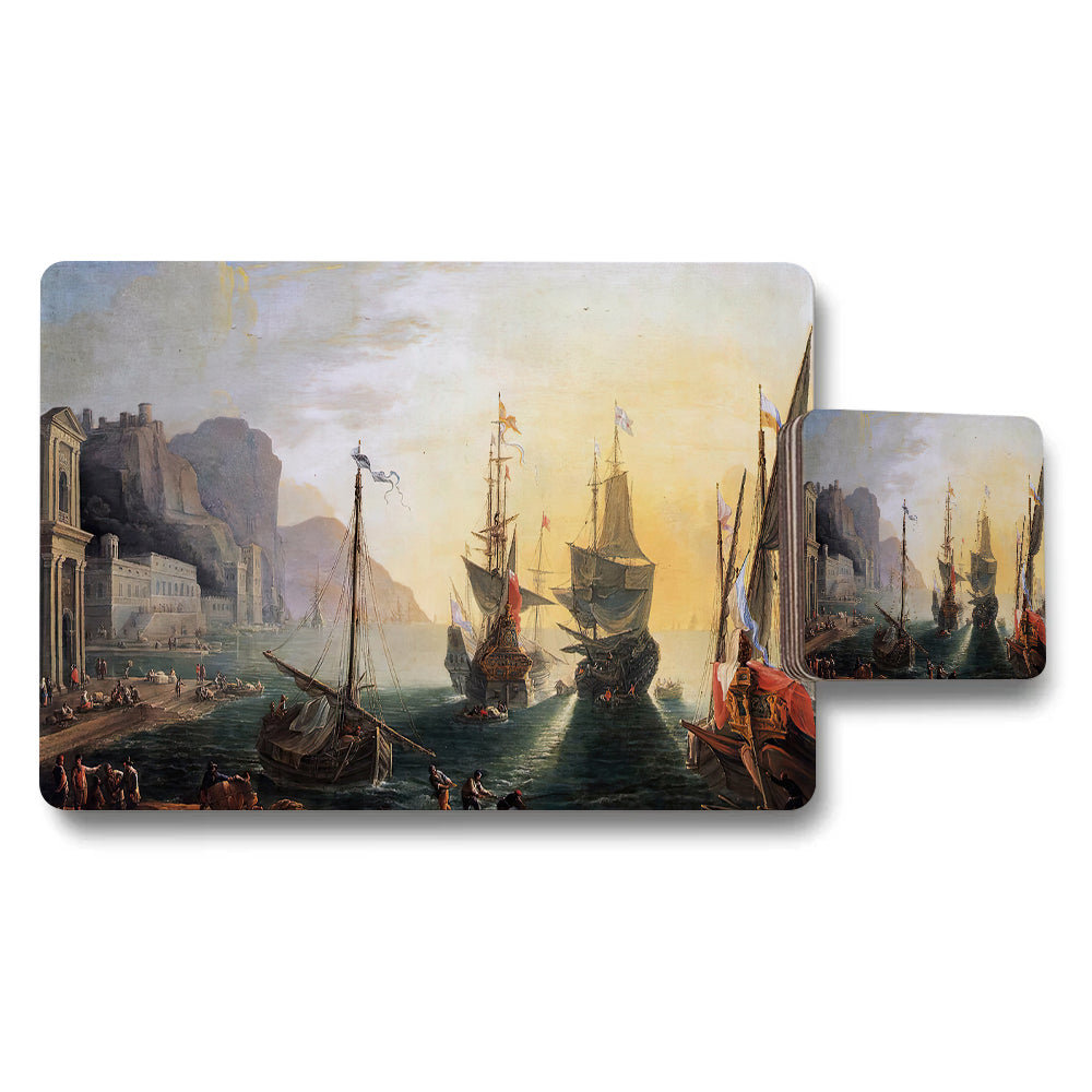 Harbor Scene Ship Artwork Placemat and Coaster Set Collection