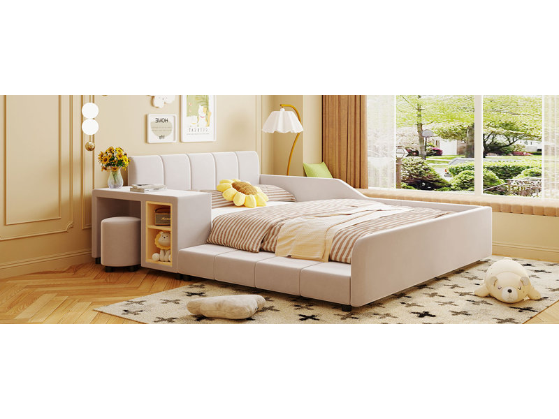 Lit plateforme Elowen Modern Glam avec bureau intégré et rails de sécurité, Double, Beige