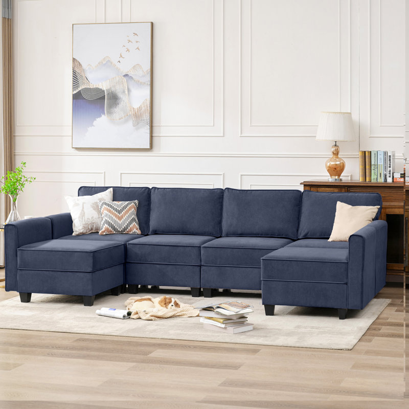 Canapé modulaire en velours en U avec sièges de rangement, Velours bleu marine