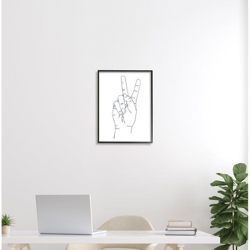 Main avec signe de paix - reproduction de dessin, Giclée encadrée noir minuit, H 30 po x l 24 po x 1,5 po