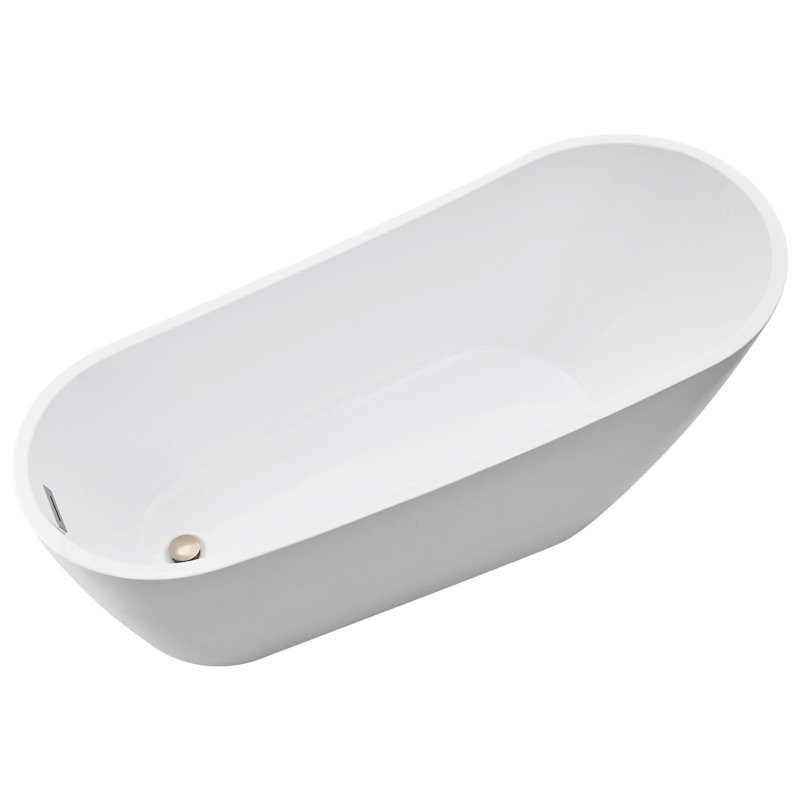 Acrylic Freestanding Bathtub, 67 Inch Contemporary Soaking White Tub with Brushed Nickel Overflow and Drain, Elegant Oval Shape Stand Alone Soaker Bathtub for Modern Bathroom or Remodel Project