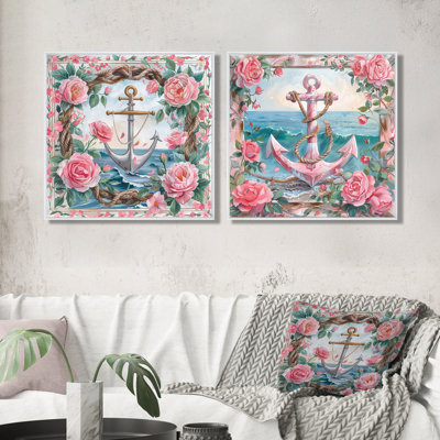 «Rose vert côtier», ancre rétro roses III - art mural côtier - décoration murale nautique 2 pièces