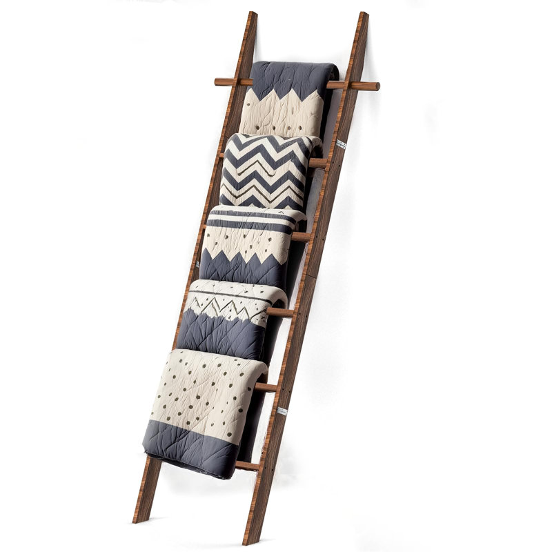 Échelle à couvertures en bois de style campagnard avec crochets amovibles, brun, 6 niveaux, Brown
