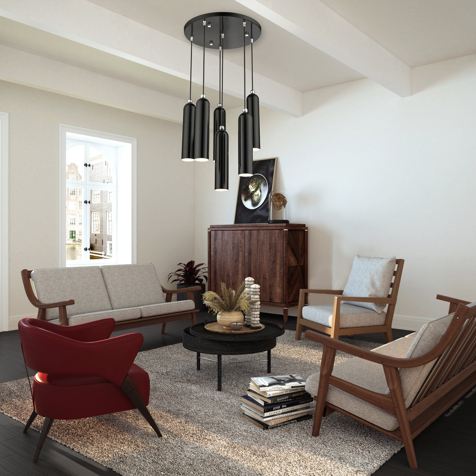 Harly 6 Light Metal Dimmable Pendant, Shiny Black