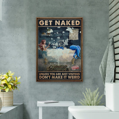 Blue Octopus Girl - Get Naked Gallery Wrapped Canvas - Bath And Laundry Illustration Decor, Blue And White Bathroom Decor