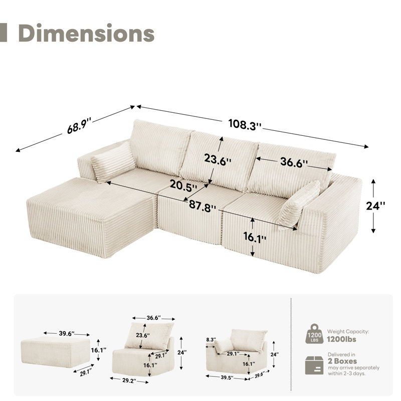 Canapé modulaire en velours côtelé modulaire Boneless, Velours côtelé crème