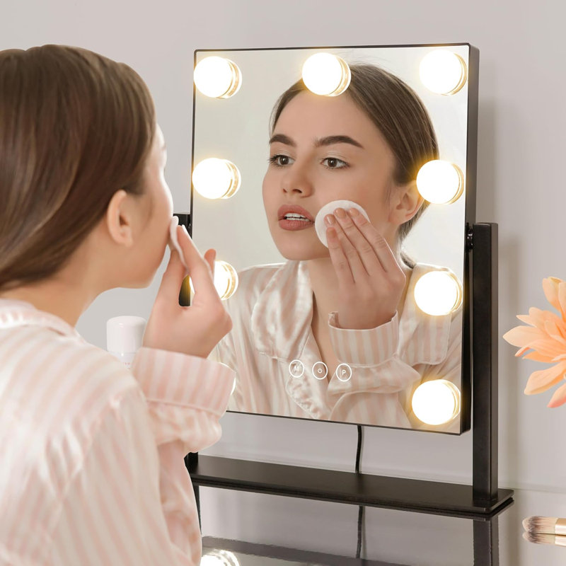 Miroir de coiffeuse à DEL avec lumières - 9 ampoules à intensité variable, 3 modes d'éclairage couleur, grossissement 10X, commande tactile, rotation à 360 ° pour la coiffeuse