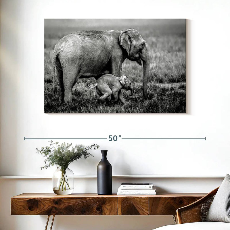 Brampt Elephant And Its Young In Assam, 26" H x 39" W