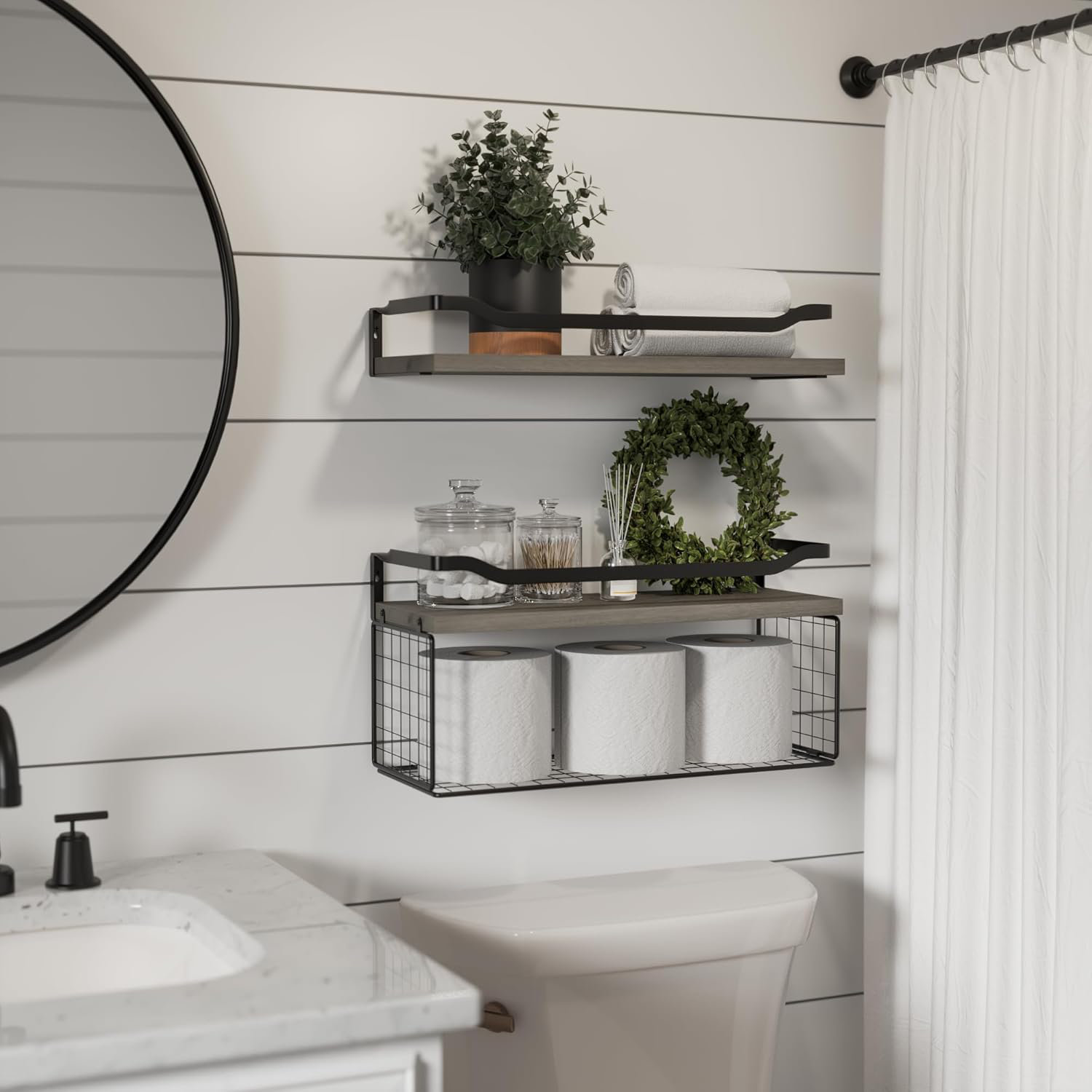 17 Stories Floating Shelves With Wire Storage Basket, Bathroom Shelves ...