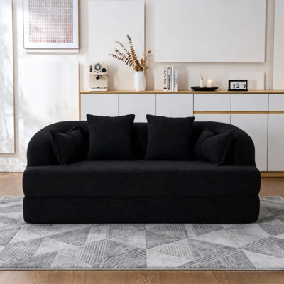 70" Black Chenille Convertible Sofa Bed, 4 Pillows, No Assembly