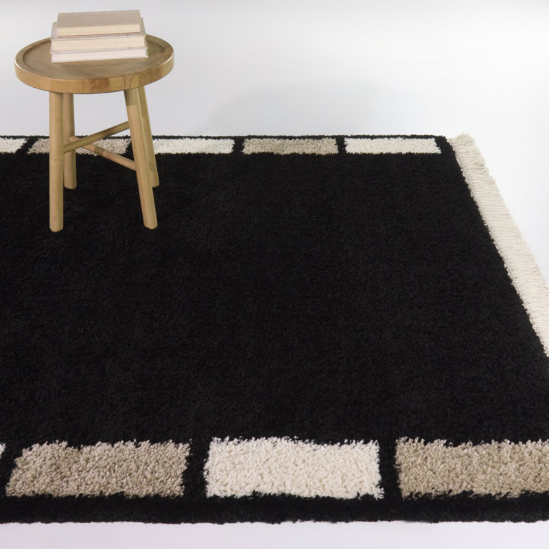 Rosado Black/Cream Geometric Border Area Rug, Rectangle 5'3" x 7'