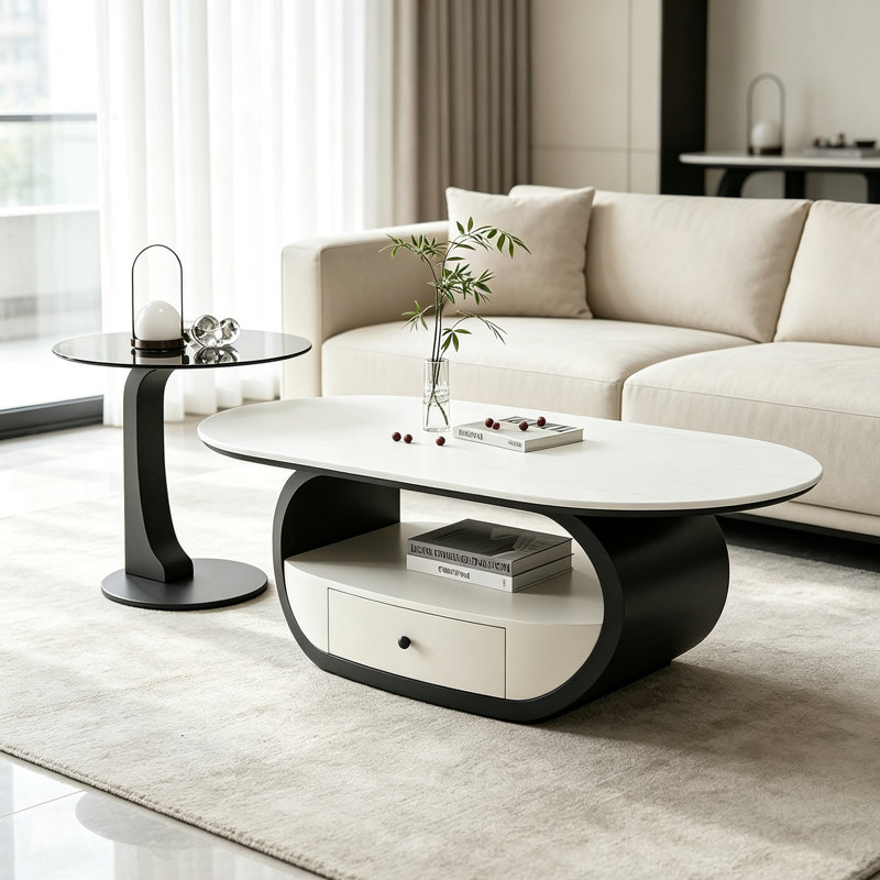 Table basse luxueuse et légère avec tiroir et tablette ouverte, H 16,53 po x l 51,18 po x P 27,55 po, Blanc/Noir