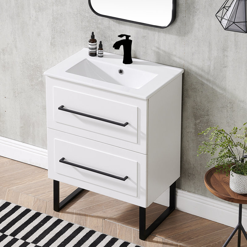 24" Single Bathroom Vanity Set with Integrated Ceramic Sink, Modern Free-standing Vanity with 2 Soft-Close Drawers, Ideal for Small Bathrooms & Powder Rooms