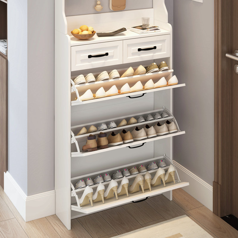 NOUVEAU Range-chaussures blanc avec 3 portes et 2 tiroirs avec support, grand espace de rangement, Naturel / Blanc