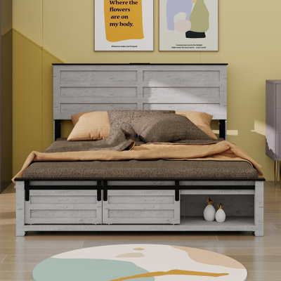 Base de lit avec tête de lit, plateforme en bois, station de charge