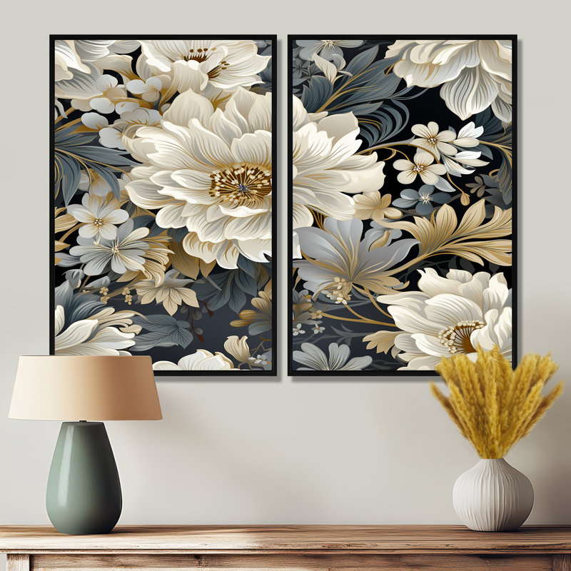 Flower Elegance Neutral Gray - Cottage, décoration murale traditionnelle, Noir, H 36 po x l 48 po