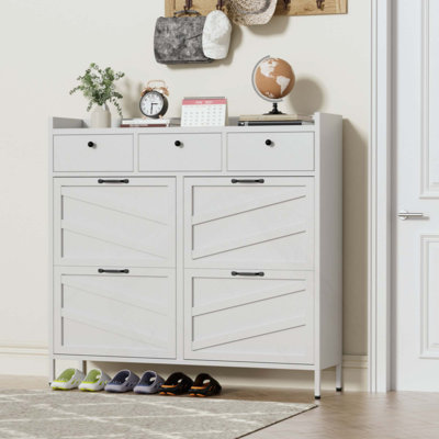 Metal Shoe Cabinet - 4 Flip Drawers + 3 Drawers, Slim Freestanding Steel Shoe Organizer, Anti-Tip Hidden Entryway Shoe Rack