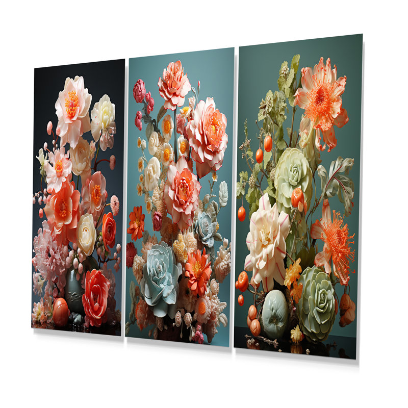Floral Oasis Bouquet I - Flowers Metal Wall Art Prints Set Of 3, 32" H x 48" W