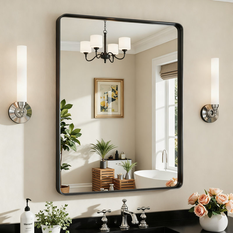 Lunara 1.18" Deep Rounded Corner Rectangular Bathroom Wall Mirror with Premium Tempered Glass & Aluminum Alloy Framed, Black