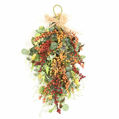 24" Artificial Fall Harvest Teardrop Leaf Swag Greenery Eucalyptus Ivy Berry Front Door Wreath Thanksgiving Wall Decor
